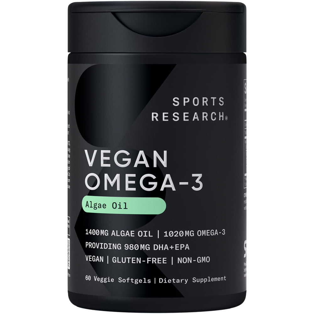 Sports Research vegan omega-3 algae oil bottle on shelf highlighting plant-based nutrition