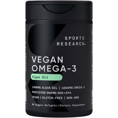 Sports Research vegan omega-3 algae oil bottle on shelf highlighting plant-based nutrition
