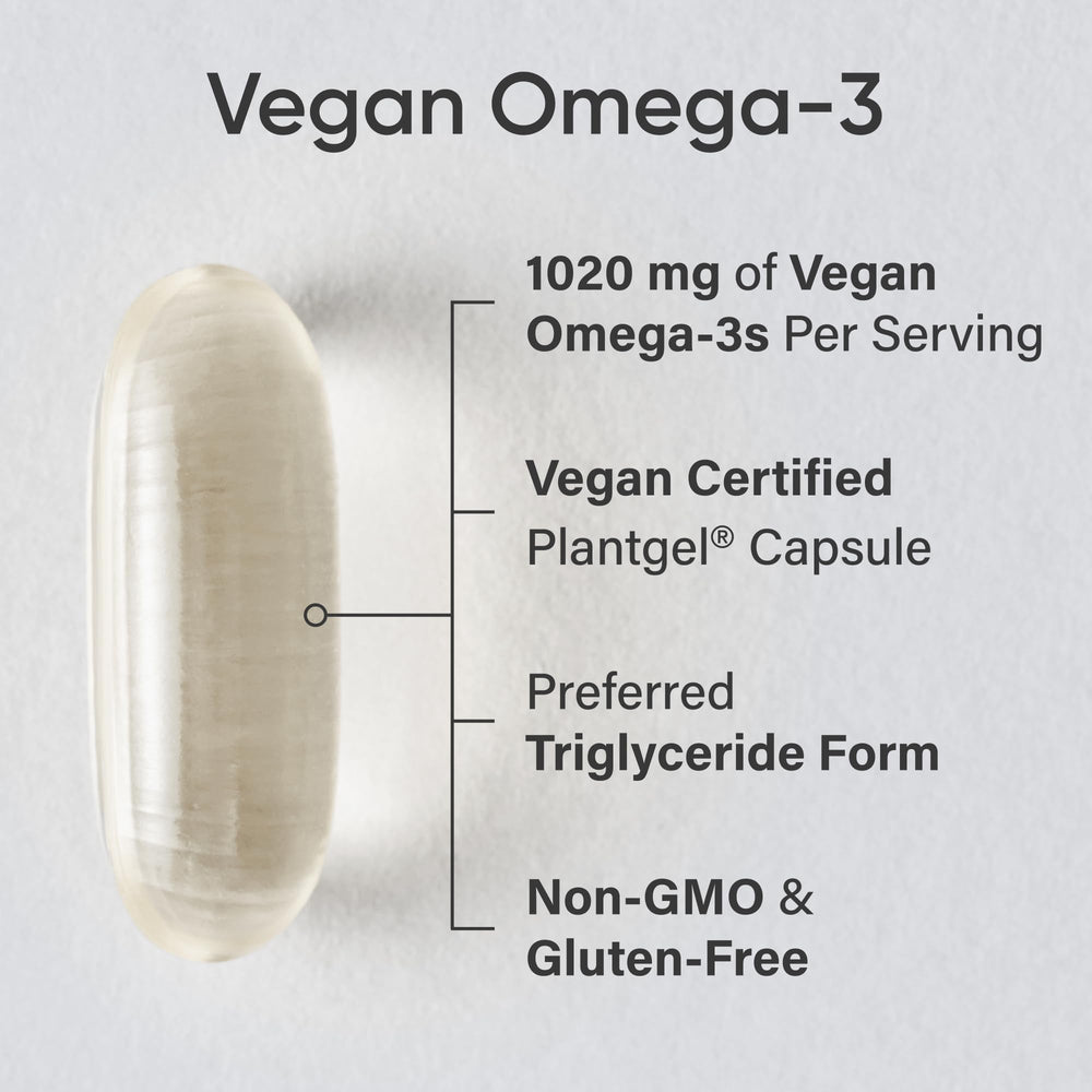 Close-up of the Sports Research vegan omega-3 label showing vegan certification and non-GMO claim