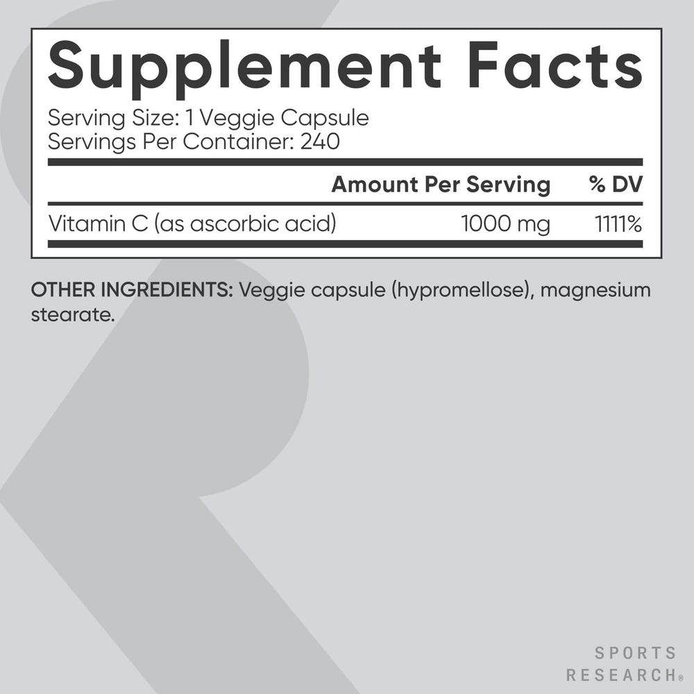 Vitamin C capsules with nutrition facts panel