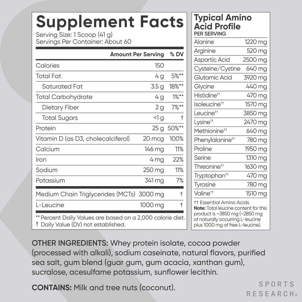 Dutch Chocolate flavor scoop and 5 lb tub of Sports Research Whey Protein