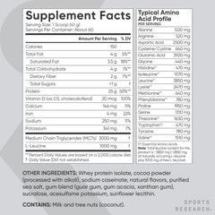 Dutch Chocolate flavor scoop and 5 lb tub of Sports Research Whey Protein