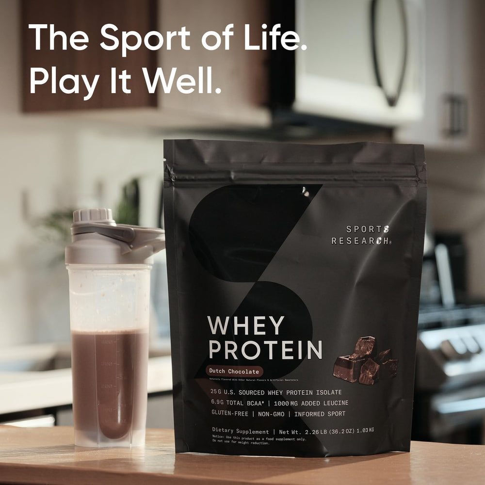 Shaker with Sports Research Whey Protein Dutch Chocolate being mixed