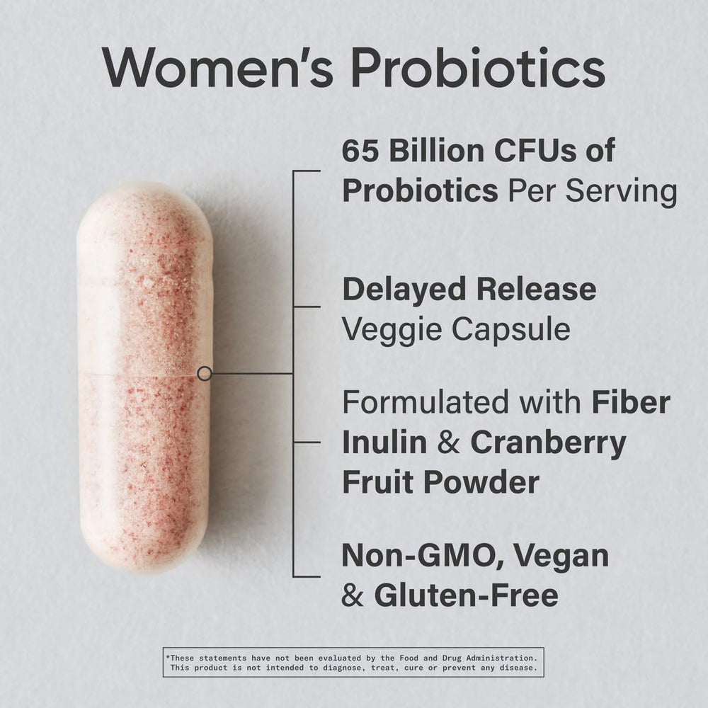 Close-up of probiotic bottle showing 65 Billion CFU and Cranberry ingredients