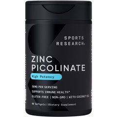 Front view of Sports Research Zinc Picolinate 50mg softgels bottle