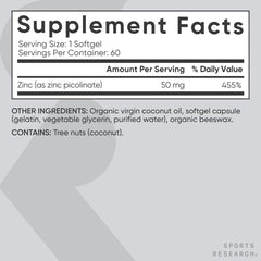 Product label of Sports Research Zinc Picolinate 50mg