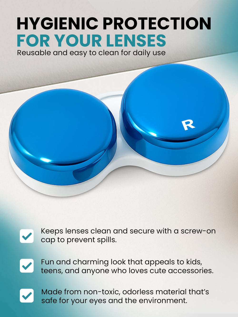 L and R labeled lids on contact lens case for easy left/right identification