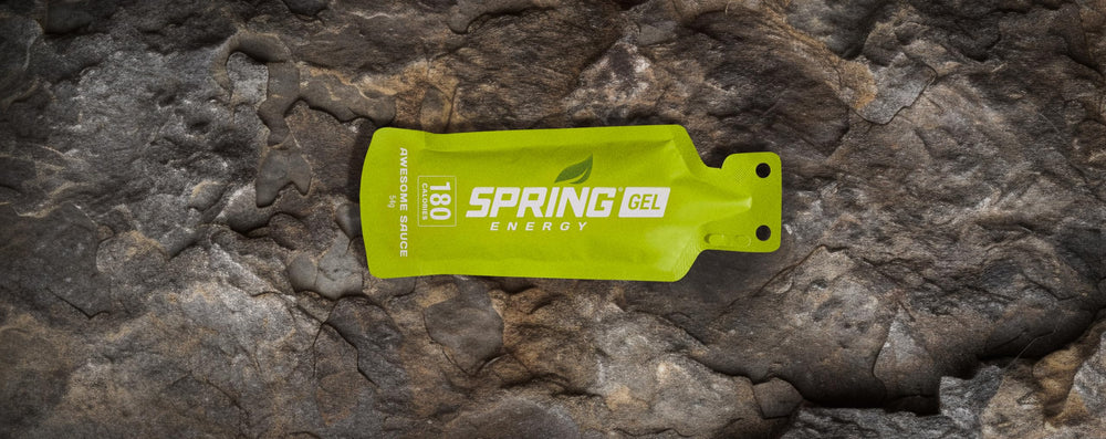 Spring Energy Energlee pack inside view showing varied gels and snacks for race day.