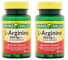 Spring Valley L-Arginine 100 capsules, 500 mg each, pack of 2