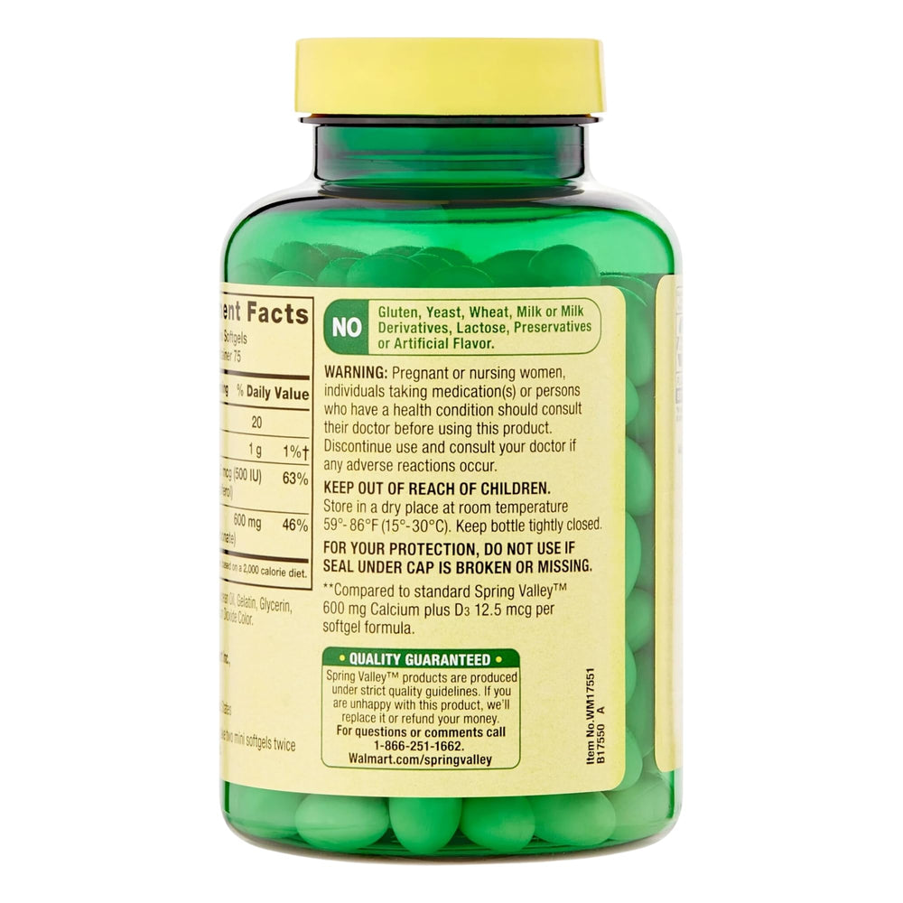 Ingredients panel showing calcium and vitamin D3 per serving