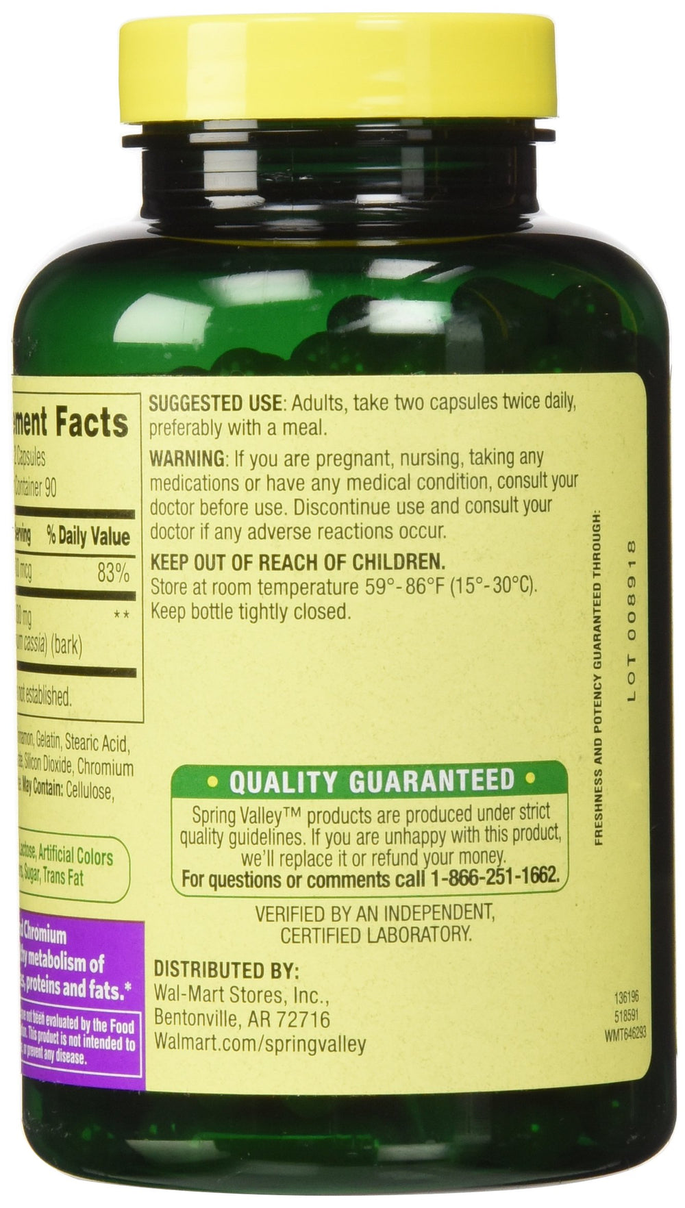 Bottle of Spring Valley Cinnamon 500mg Plus Chromium, 180 capsules