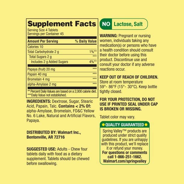 Front view of two Spring Valley papaya enzyme complex bottles in a pack