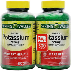 Spring Valley Potassium 99 mg from Potassium Gluconate – Twin Pack, 2 Bottles of 250 Caplets each