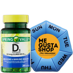 Front view of Spring Valley Vitamin D3 bottle with pill organizer