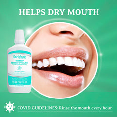Mouthwash bottle with mint and fresh breath imagery