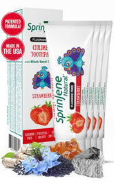 SprinJene Natural Children’s Toothpaste packaging with Fluoride Free Strawberry flavor