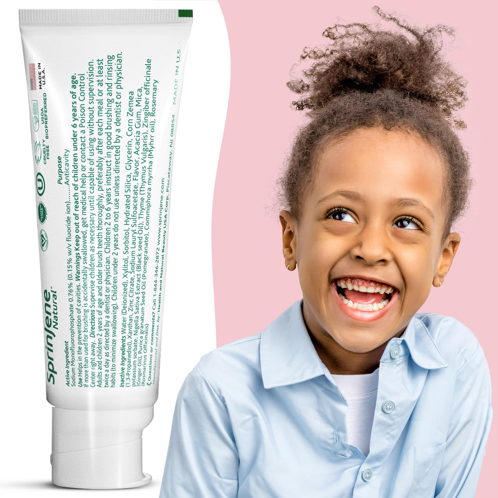 Front view of SprinJene fluoride-free strawberry toothpaste for kids