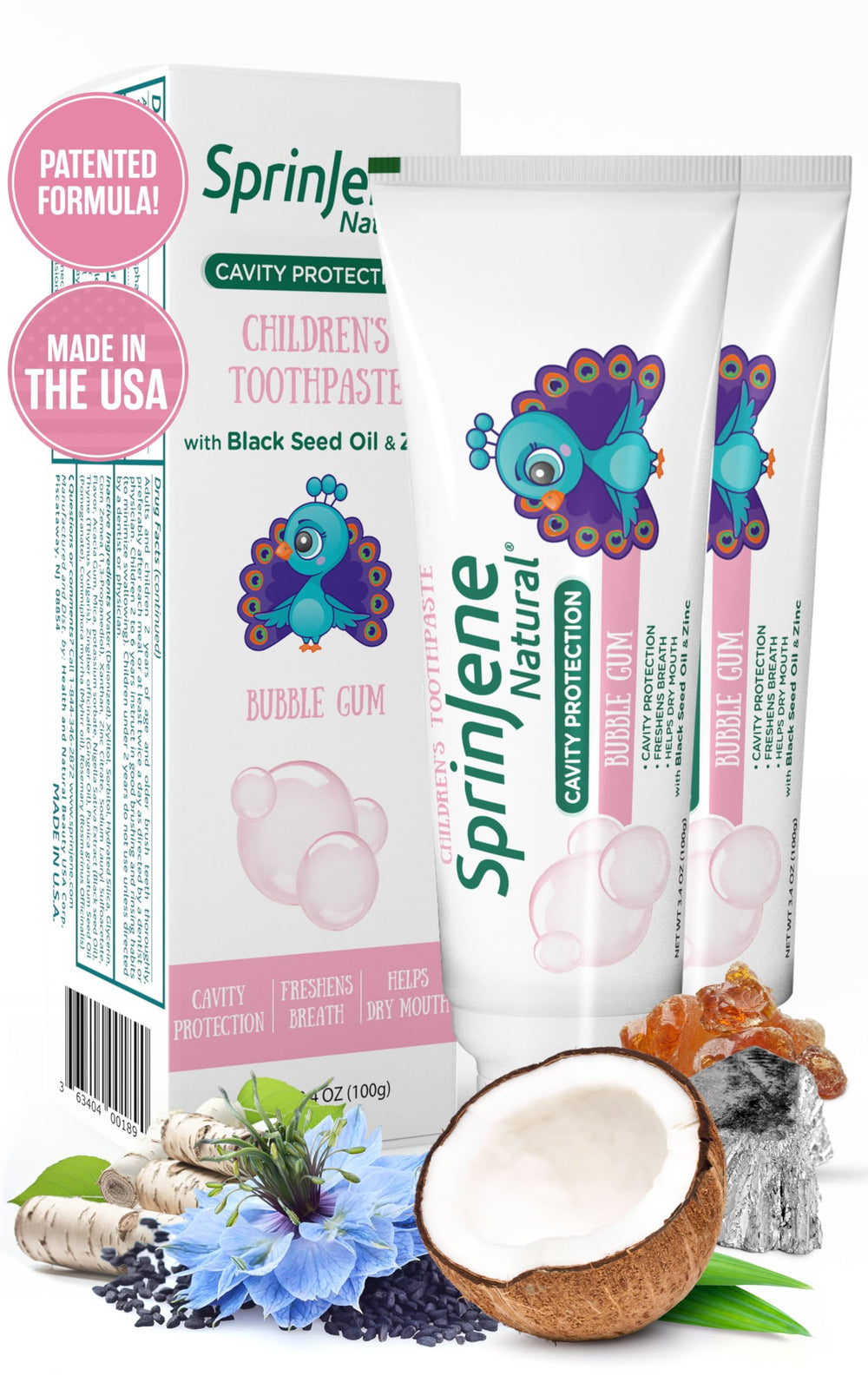 SprinJene 2-pack fluoride bubblegum kids toothpaste packaging front, USA made