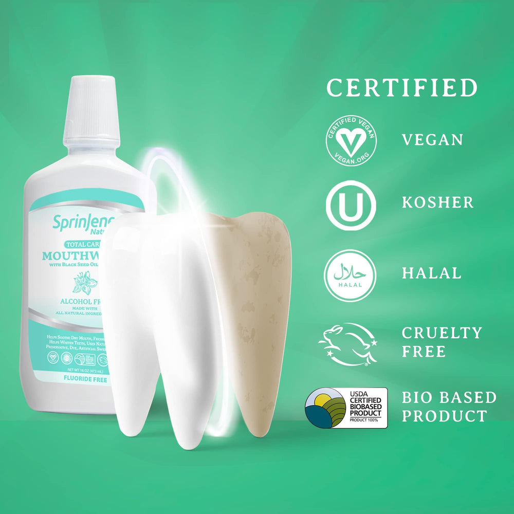 Made in USA badge on SprinJene mouthwash packaging