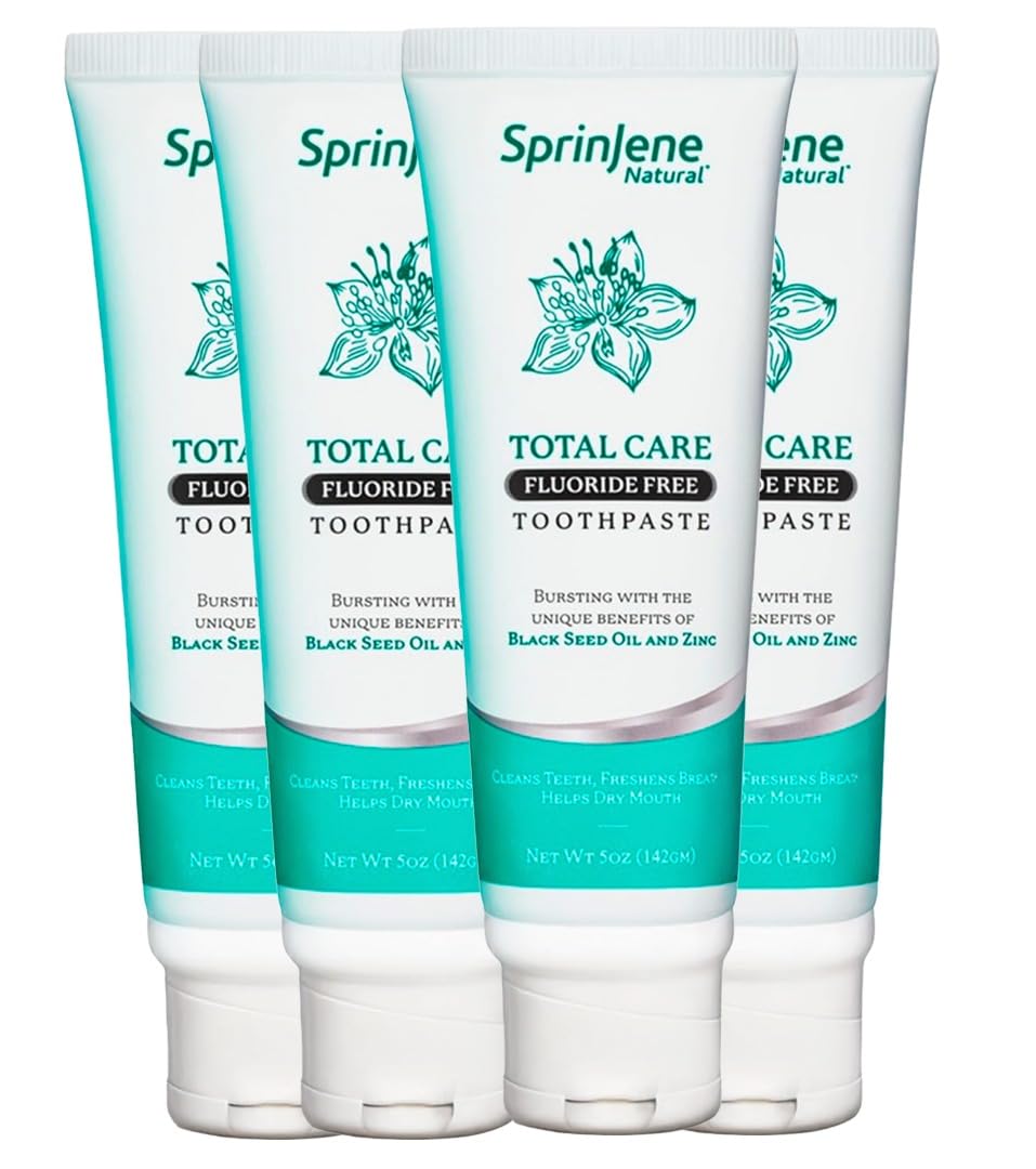 Packaging for SprinJene Natural Total Care Fluoride Free Toothpaste 4 Pack
