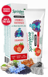 Front view of SprinJene fluoride-free strawberry toothpaste for kids