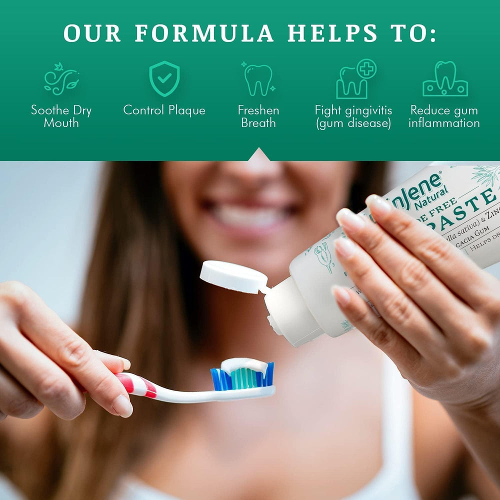 Close-up of SprinJene toothpaste highlighting black seed oil and zinc formula
