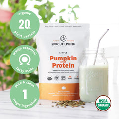 Sprout Living pumpkin seed protein bottle close-up highlights third-party tested purity.
