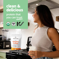 Sprout Living pumpkin seed protein scoop dispensing powder into shaker.
