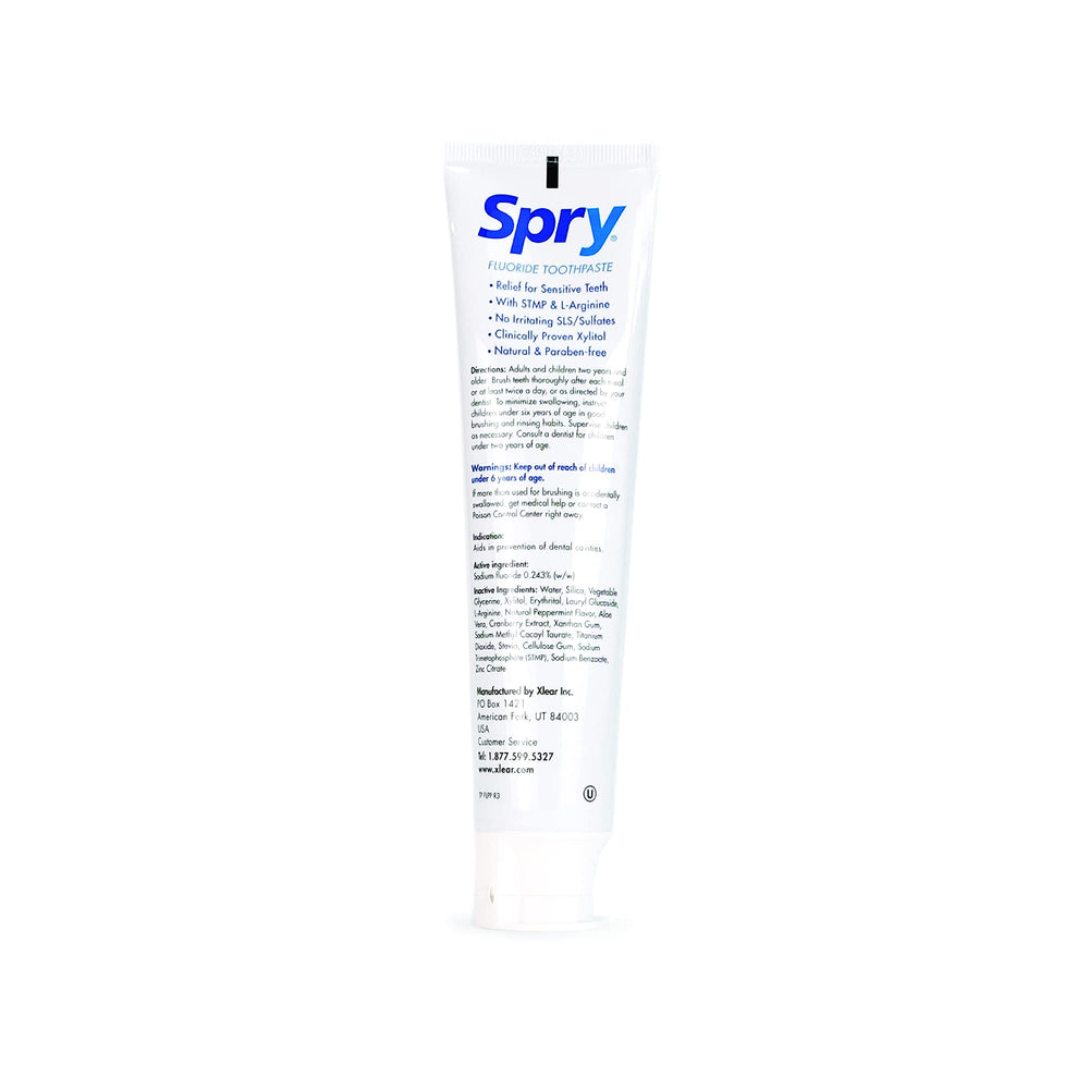 Side view of Spry toothpaste packaging.