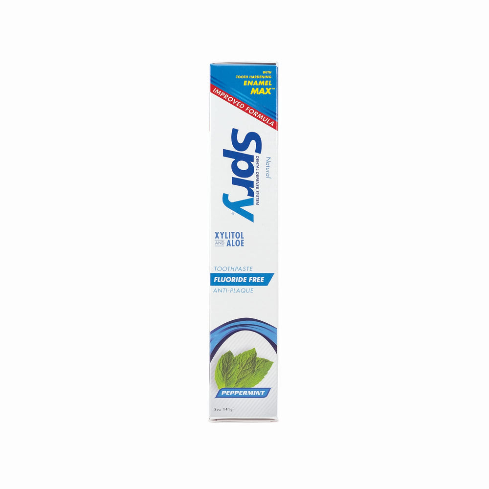 Box or set of Spry Natural Xylitol Toothpaste 5oz Pack of 3 on mint surface