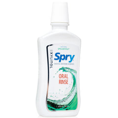 Close-up of Spry mouthwash label highlighting xylitol and fluoride-free
