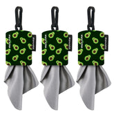 SPUDZ Classic Microfiber Lens Cleaner with avocado pattern clipped to a bag
