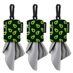 SPUDZ Classic Microfiber Lens Cleaner with avocado pattern clipped to a bag