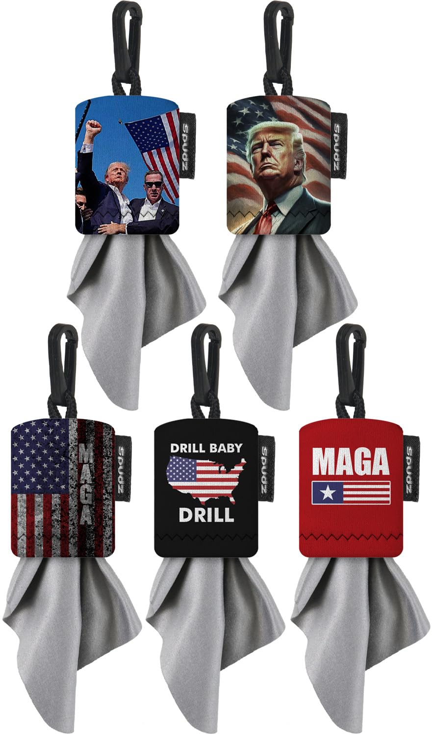 SPUDZ Classic Trump MAGA Variety Pack: five 6x6 microfiber towels with neoprene pouches