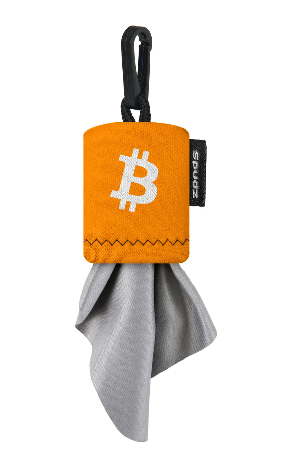 Close-up of SPUDZ travel clip and pouch ready for attachment