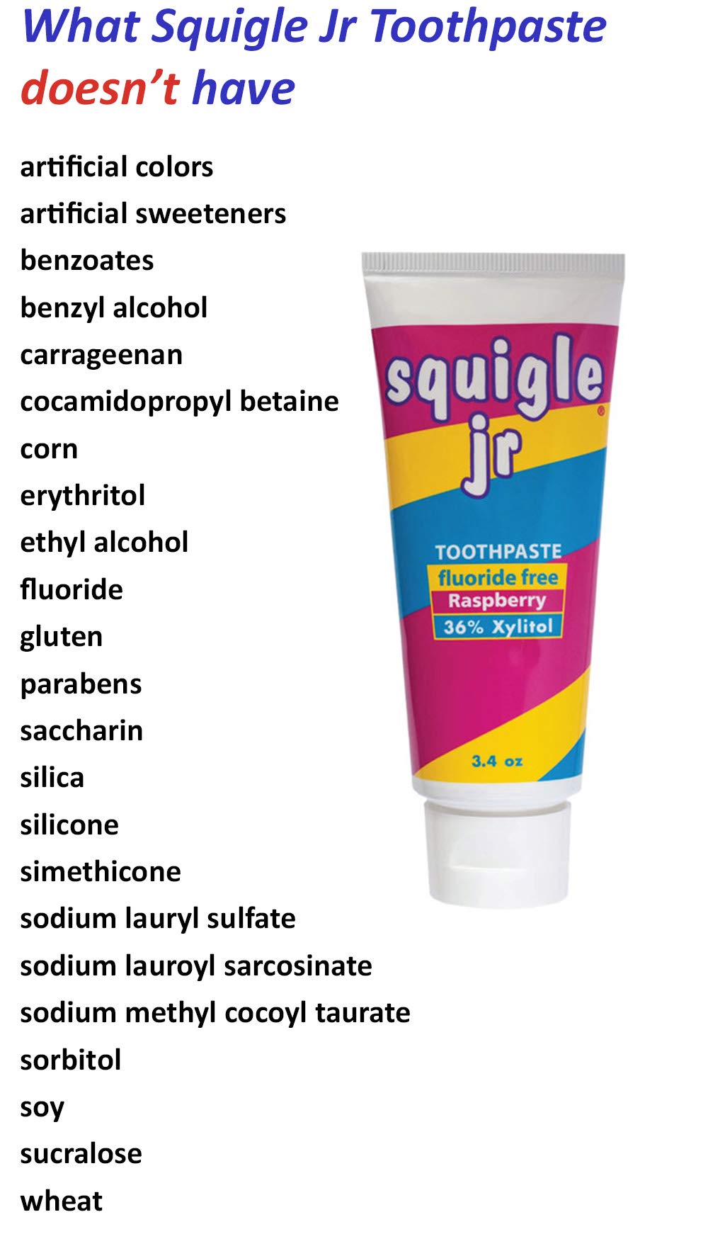 Squigle Jr toothpaste packaging and tube