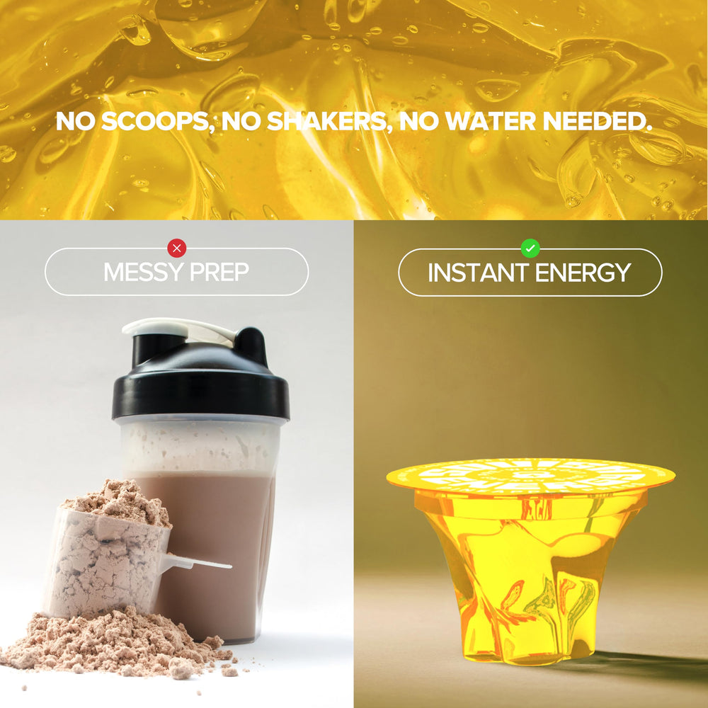 Squish Energy on-the-go usage image conveys quick peel-and-squish empowerment