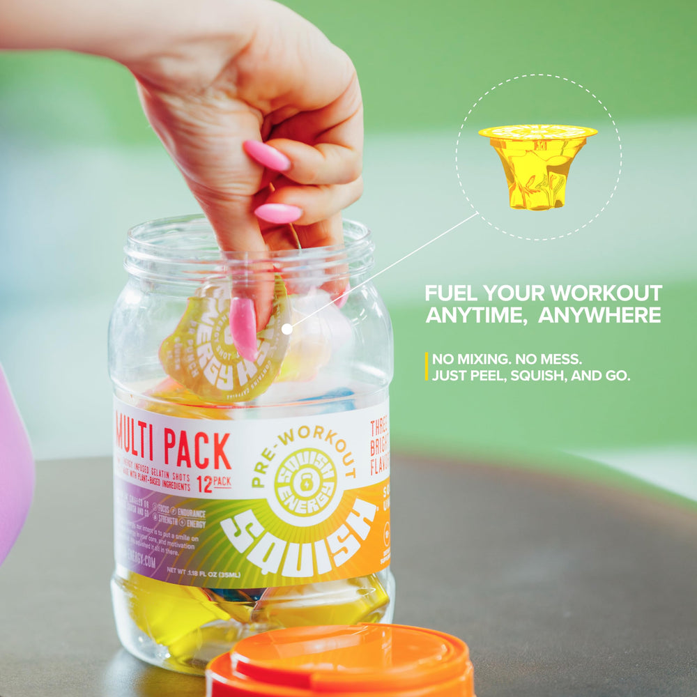 Squish Energy vegan gluten-free symbol indicates plant-based, clean pre-workout