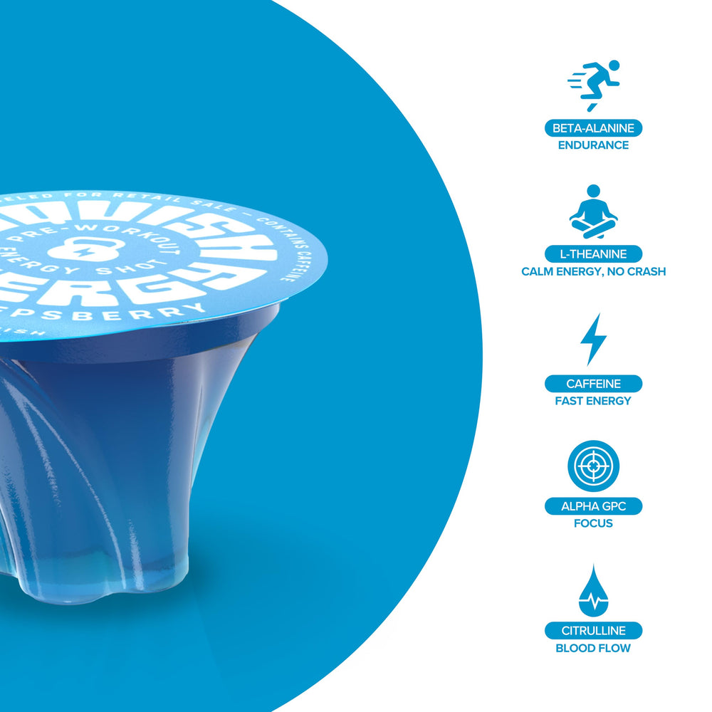 Squish fruit punch gummy shot offering plant-based energy for workouts.