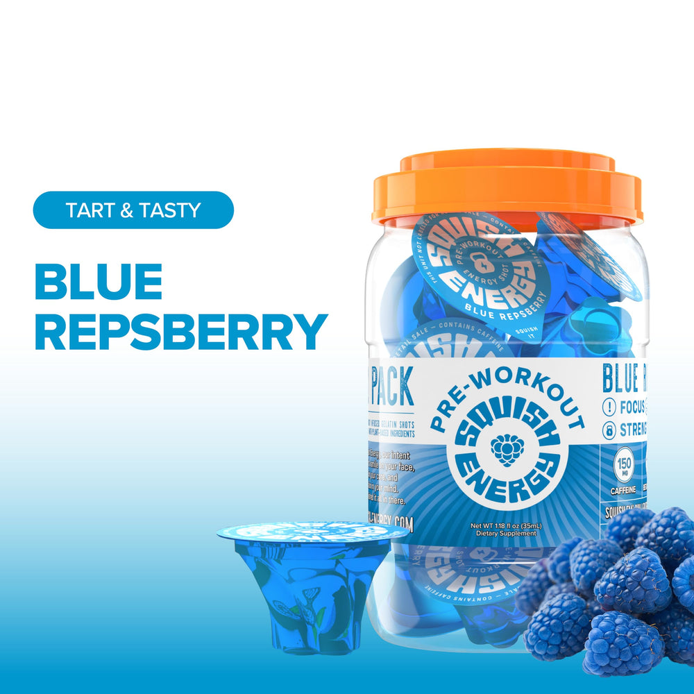 Squish on-the-go energy pack designed for fast pre-workout use during travel.