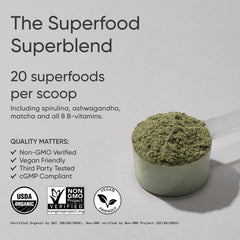 Close-up of label highlighting spirulina, chlorella, adaptogens and enzymes