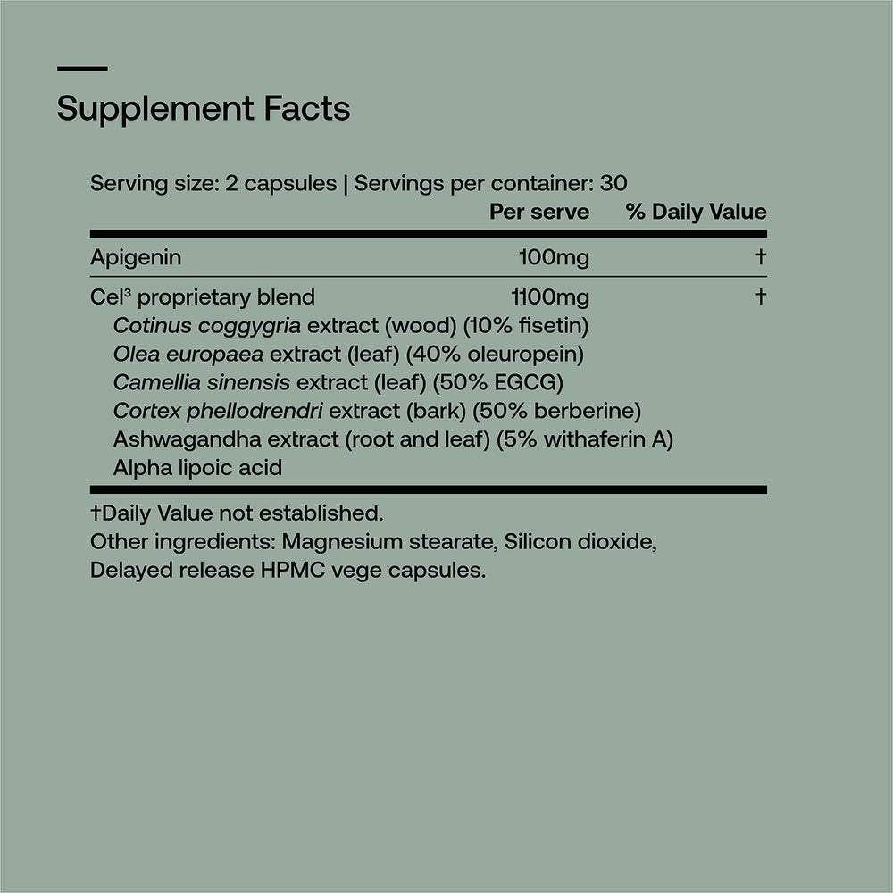 Cel³ Renewal bottle label highlighting Fisetin, Apigenin and Oleuropein