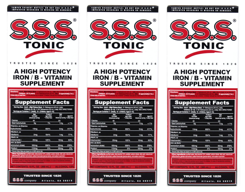 Front view of SSS Tonic Pack of 3 10oz bottles