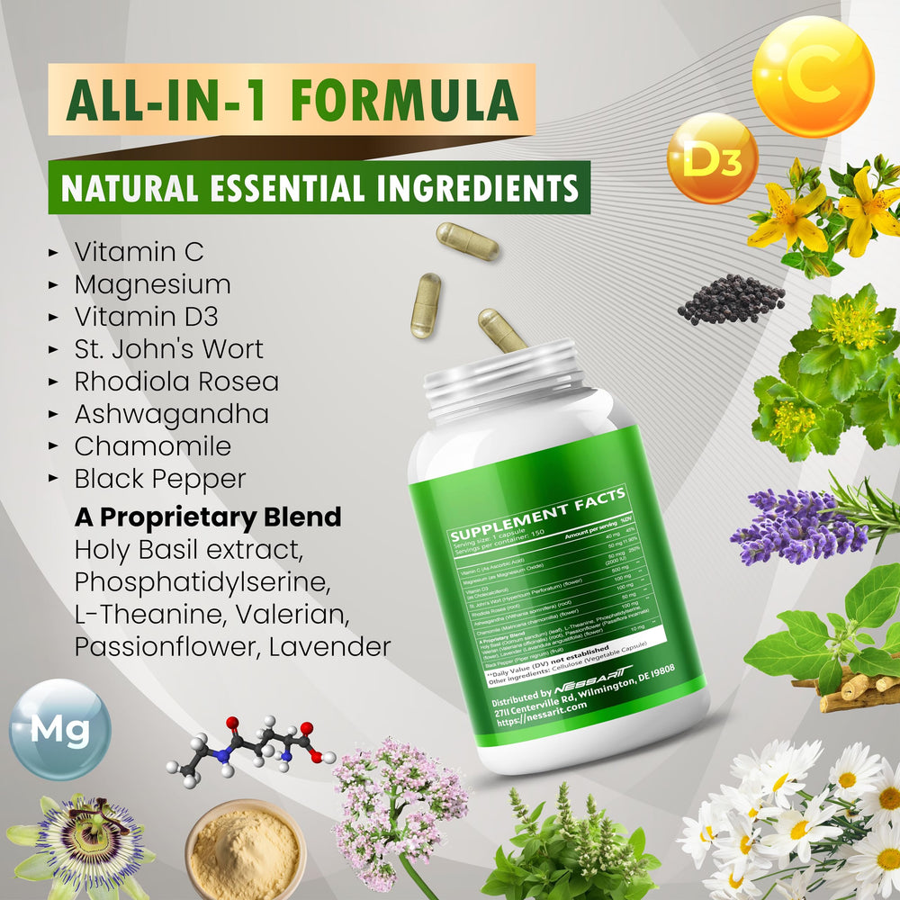 Close up of Rhodiola Rosea, Ashwagandha, Chamomile and Black Pepper in formula