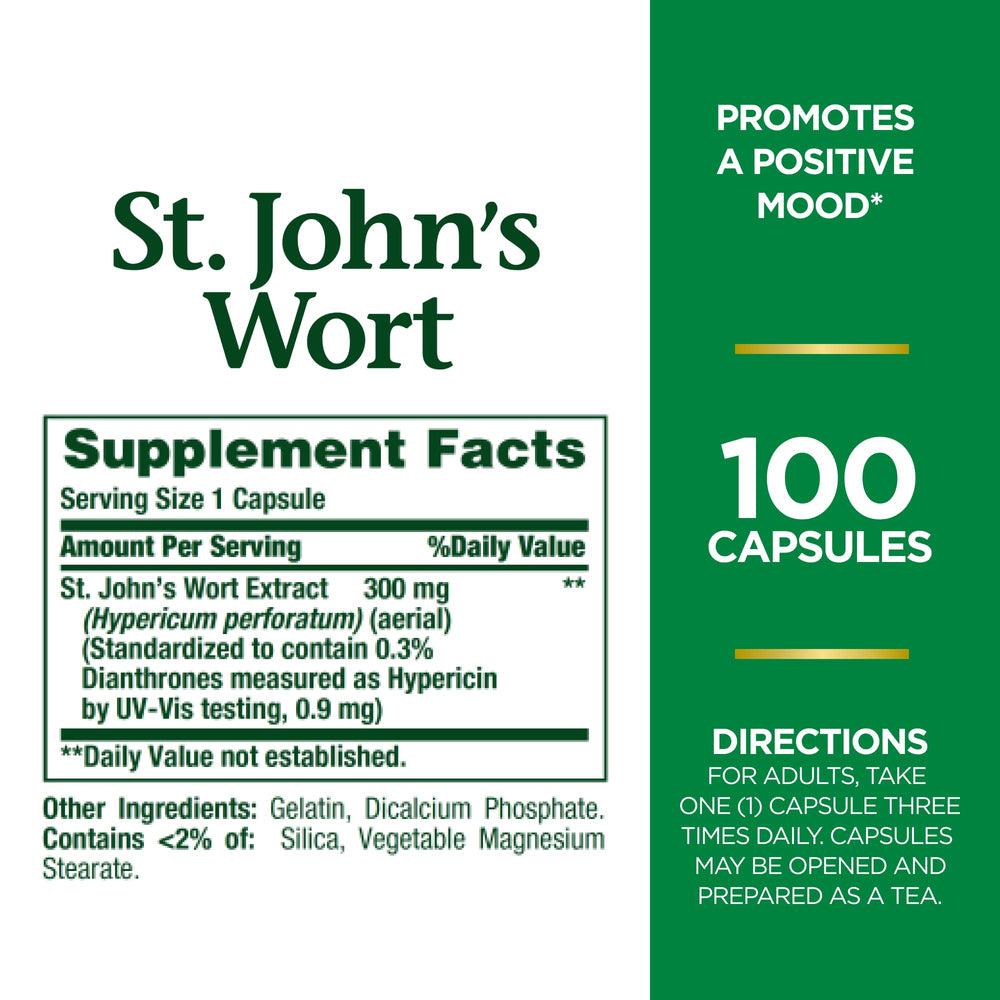 Close-up of St. John's Wort 300mg capsules bottle label
