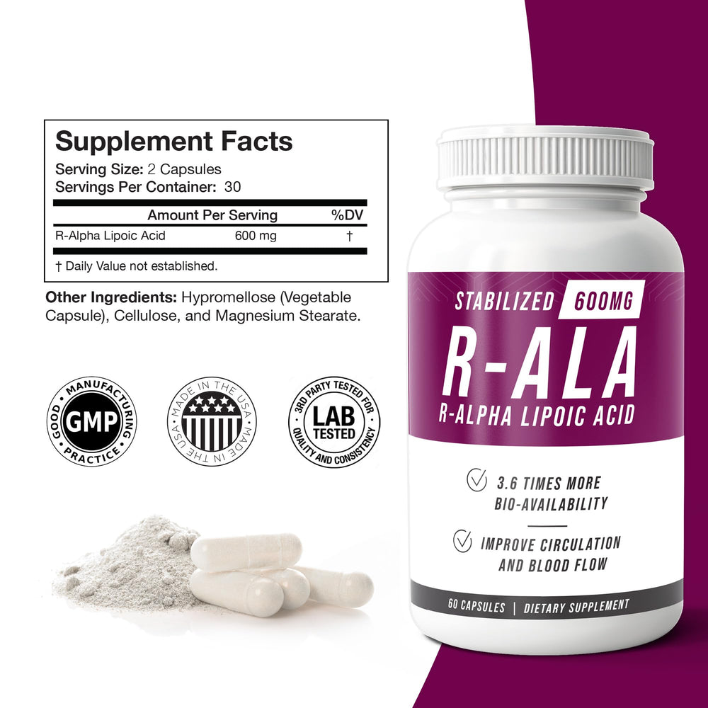 Bottle featuring Stabilized R-ALA 600mg for nerve health and absorption