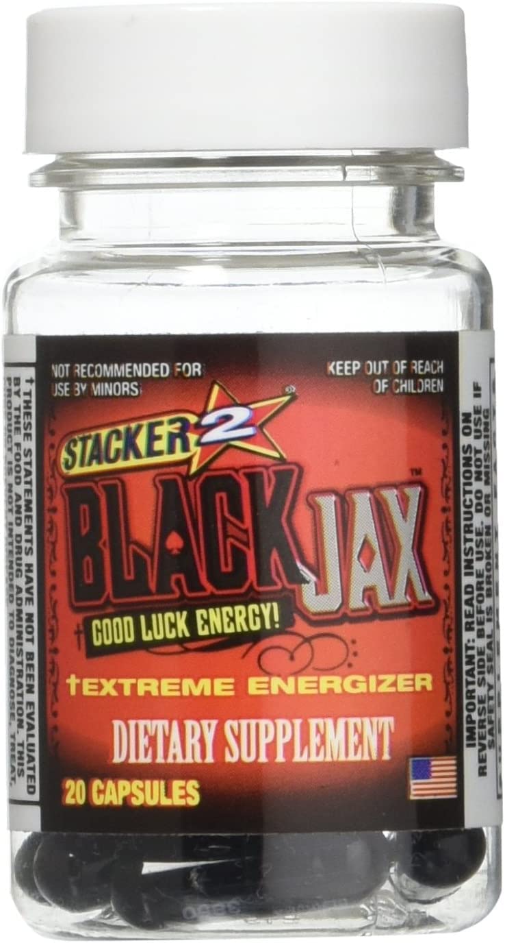 STACKER 2 Black Jax bottle side view showing compact daily-energy packaging.