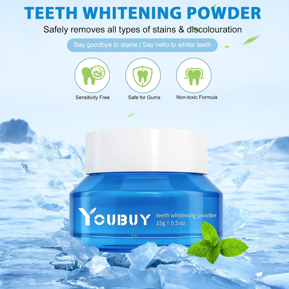 Close-up of stain removal with whitening powder on teeth.