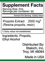 Close-up of Stakich Propolis Extract label on 4 oz bottle