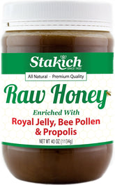 Front view of Stakich Raw Honey 40 oz with royal jelly, bee pollen, and propolis